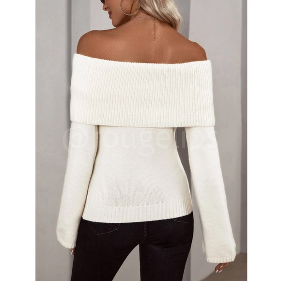 Cream Off The Shoulder Fold Over Sweater Pullover Knit Long Sleeve - Picture 8 of 13